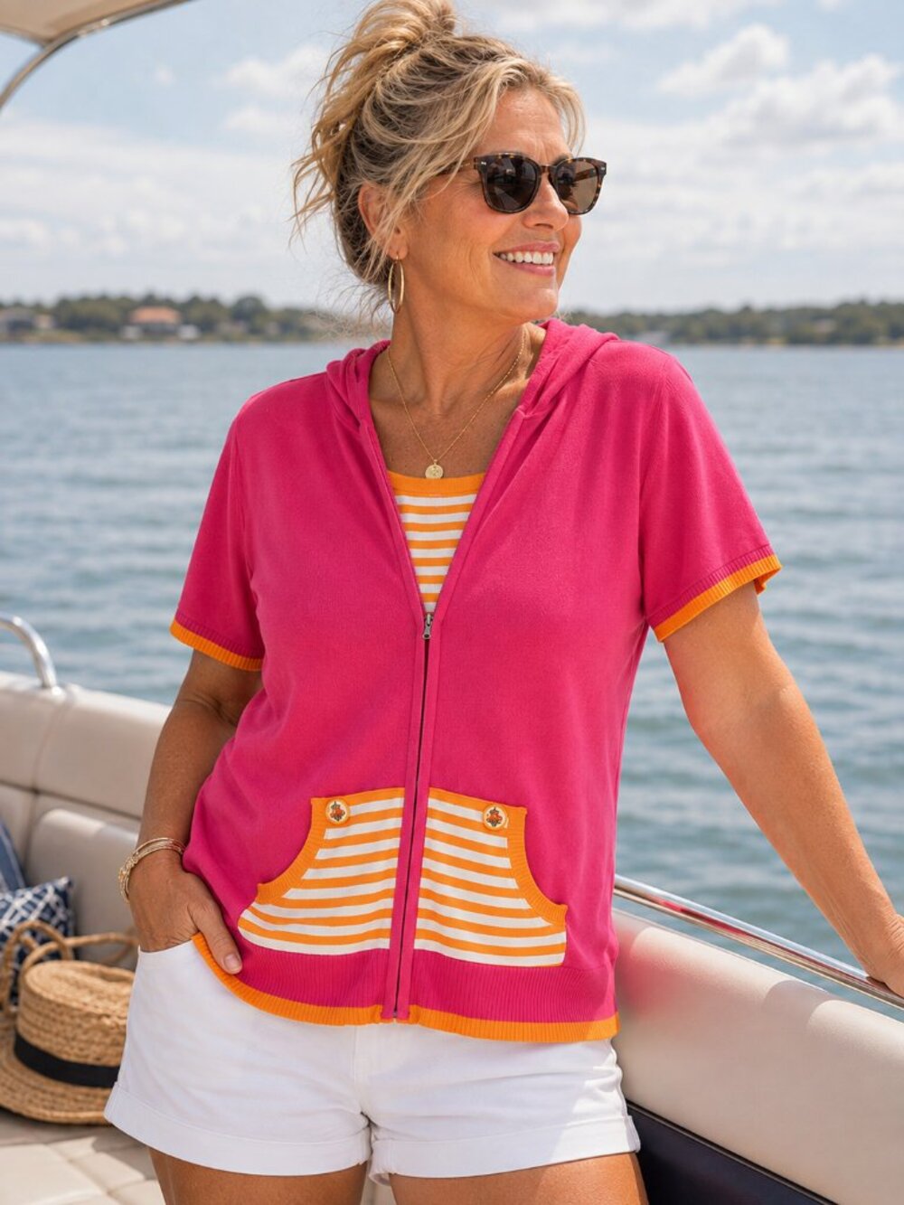 Quacker Factory 1x Full Zip Short Sleeve Sweater Tank Set Pink Orange Boat Day
